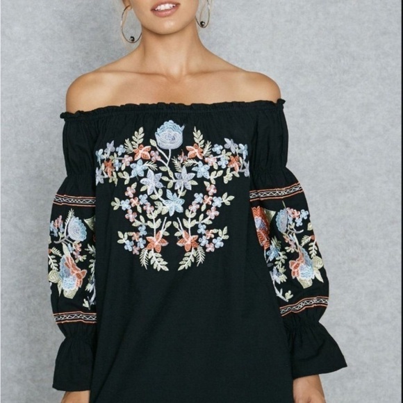 FREE PEOPLE Flour Du Jour Black Heavily Embroidered Floral Shift Dress Size XS - Picture 2 of 16